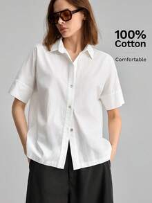 Ontre 2026SS New Women's Blouse Loose Fit Solid White Top Minimalist Elegant Urban Modern Button Design Neutral Apparel Women's Casual Wear Vacation Holiday Attire Old Money Style Tea Party Casual Commute Office Wear Teacher Back To School Fashion Versatile Women's Shirt - White - View 4