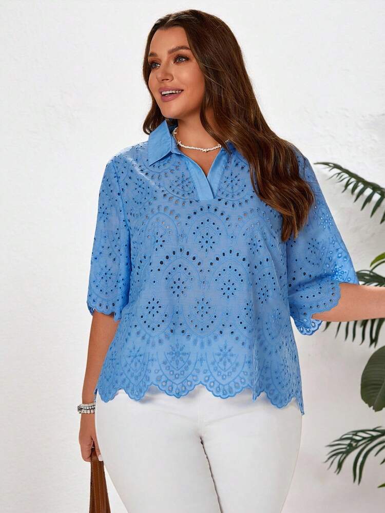 Plus Size Women Blue Embroidered Polo Collar Vacation Shirt,Summer Top,Going Out Top, Casual Blouse For Women,Summer Holiday Outfits,Holiday Outfits,Vacation Outfits Women,Country Concert Outfit ,Blue Lace Blouse With Collar ,A Sheer Blouse