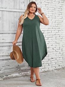 SHEIN CURVE+ Plus Size Women's Solid Color Curved Hem Vest Dress - Green - View 4