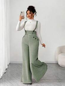 SHEIN Tall CURVE 大码格子极简休闲连体裤 - 軍綠色 - 查看 7