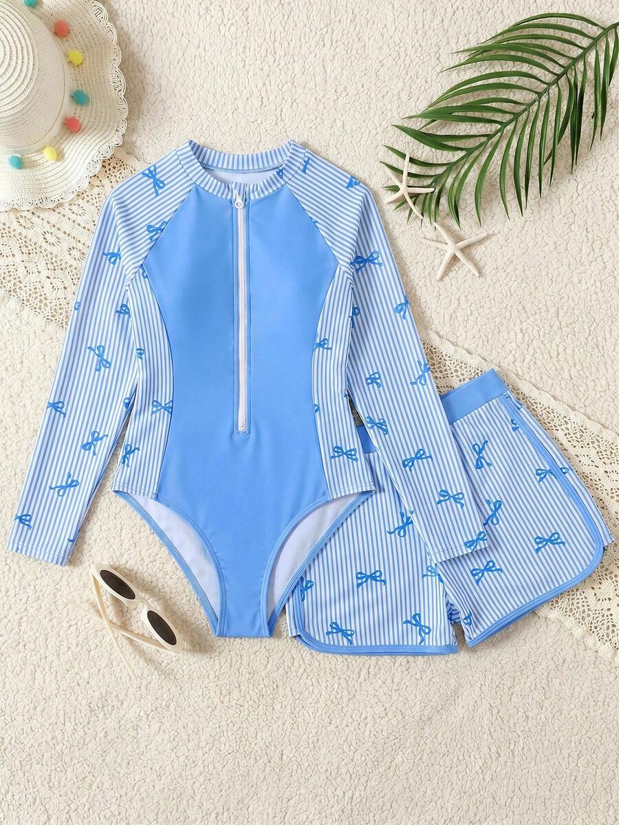 SHEIN Set Baju Renang Anak Perempuan Remaja Motif Garis Biru Putih yang Lucu, Baju Renang Lengan Panjang dengan Celana Pendek, Baju Renang 2 Potong untuk Liburan Musim Panas dan Pesta Kolam Renang dengan Resleting, Sopan - Biru - View 1