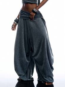 LYSMO Quần culottes dài dáng rộng, xếp ly, buộc dây, thời trang nữ phong cách hiphop - Màu xanh bụi bặm - Xem 4
