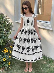 SHEIN Tween Girls' Elegant Vacation Bohemian Totem Print Spaghetti Strap Cap Sleeve Cinched Waist Dress, Spring/Summer - White - View 6