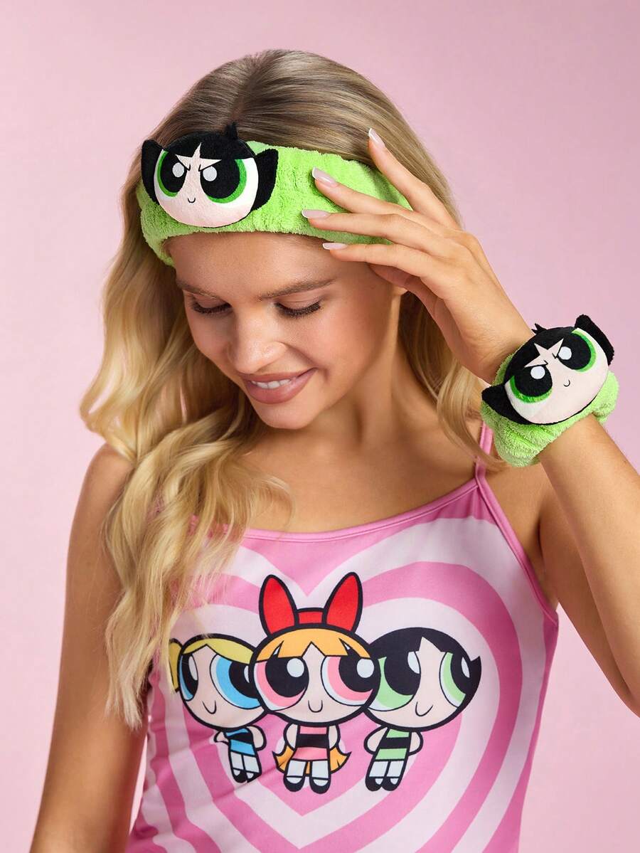 THE POWERPUFF GIRLS X SHEIN 1pc Soft Absorbent Headband, 2pcs Wristband, Comfortable & Convenient For Face Washing And Bathing - Green - View 1