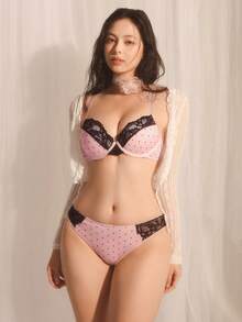 DelicateAllure Bộ 2 áo ngực ren chấm bi màu hồng có gọng, nâng đỡ tốt, tạo độ nâng và tạo dáng, bộ đồ lót nữ dễ thương và quyến rũ. - màu đen - Xem 3
