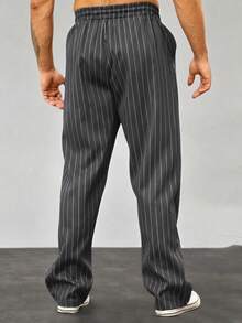 Manfinity Homme Celana Panjang Bergaris Kasual Pria, Celana Modis - asap abu-abu - View 2