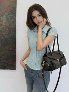 DAZY 女款夏季純色領口修身短袖白色襯衫 - 綠色 - 查看 5