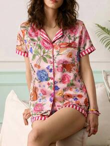 Chillnights 年轻时尚活力可爱小鸟、松鼠、猫、兔子、花朵、植物叶子印花翻领开衫女式睡衣套装 - 藕粉色 - 查看 3