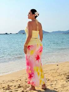 Sunnyshic Plus Size Women Brown Floral Summer Boho Vacation Holiday Soft Halter Hollow-Out Top High-Waist Wide-Leg Pants Set Matching Ribbon Decor Gym - Multicolor - View 2