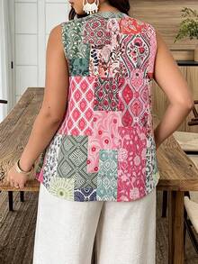 Weeklong Plus Size Women Spring/Summer Placement Print Sleeveless Casual Vacation Shirt Blouse - Multicolor - View 2
