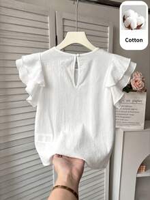 SHEIN Young Girl Woven Solid Color Round Neck Ruffle Casual Blouse - White - View 6