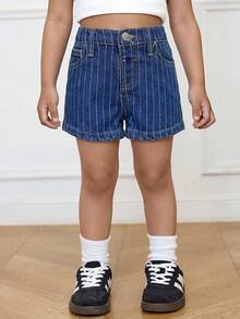 Quần short denim ôm sát kẻ sọc xanh hải quân và trắng dành cho bé gái - Rửa tối - Xem 4