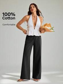 SHEIN Tall 100%水洗棉低腰直筒長褲，適合高個女性 - 黑色 - 查看 7