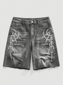 ROMWE MEN Goth Men's Casual Graphic Print Frayed Hem Washed Black Denim Shorts - Light Grey - View 1