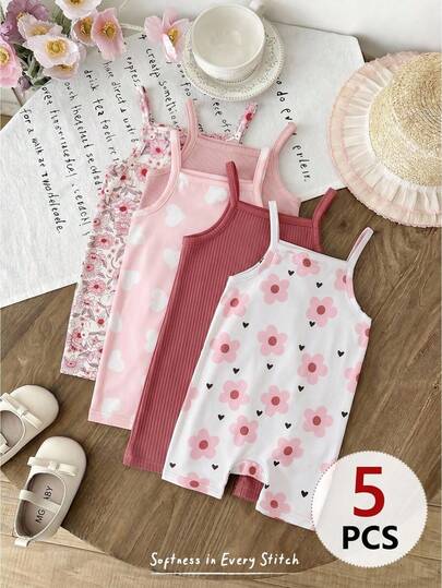 SHEIN 5pcs/Set Baby Girl Cute Pink Floral & Heart Pattern Comfortable Casual Knit Rompers