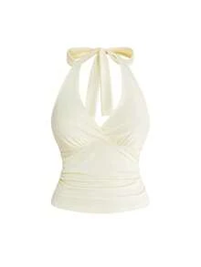 ROMWE Grunge Punk Top de tirantes de diseño minimalista con cintura fruncida y cuello halter, unicolor, para talla grande, para verano - Beis - Ver 1