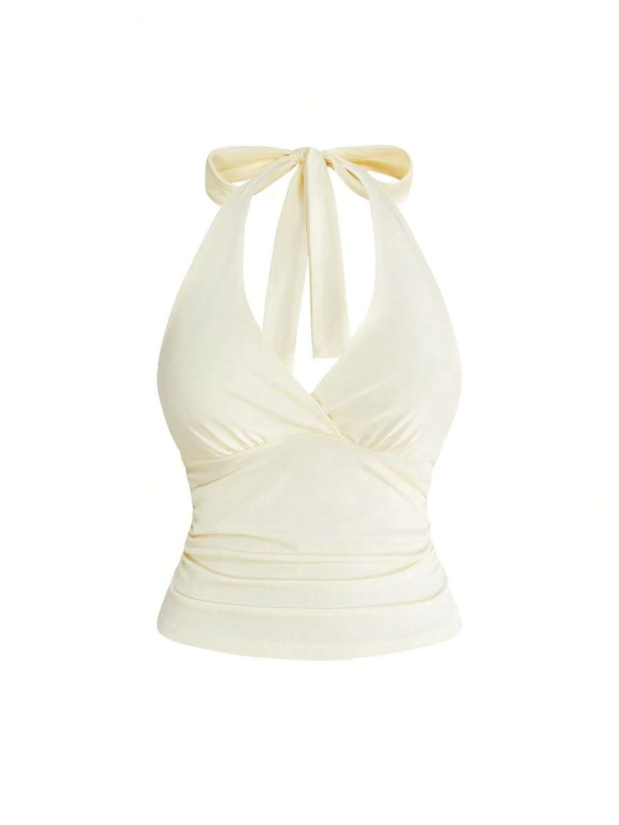 ROMWE Grunge Punk Top de tirantes de diseño minimalista con cintura fruncida y cuello halter, unicolor, para talla grande, para verano - Beis - Ver 1