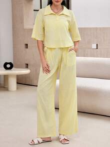 Modelyn Pastal Collared Top Paired With Straight Leg Pants Casual Minimalist Tropical Sexy Outfit Vacation Summer Golf Pale Yellow Brunch - Yellow - View 10