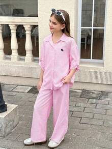 SHEIN 少女休闲街头条纹刺绣logo宽松落肩上衣和阔腿裤套装，适合春夏、春季郊游、休闲外出、返校季穿着 - 粉色 - 查看 4