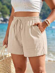 SHEIN Tall CURVE Quần short nữ cỡ lớn, kiểu dáng đơn giản, tối giản, thường ngày. - Màu be - Xem 6