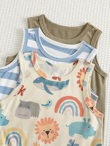 SHEIN Bộ 3 món áo liền quần cho bé trai/bé gái/unisex họa tiết hoạt hình và kẻ sọc dễ thương, áo liền quần cơ bản mùa hè, áo liền thân cho trẻ sơ sinh. - Nhiều màu - Xem 8