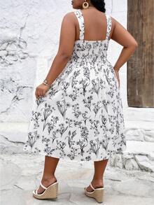 CurvyTilda Plus Size Apricot Base Black Retro Printed Maxi Dress With Adjustable Spaghetti Straps, Flared Hem Elegant - Multicolor - View 2