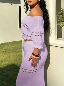 Sunnyshic Plus Size Women's Purple Sommar Smart Casual Vacation Elegant Bohemian Off-Shoulder Hollow-Out Ruffle Knit Top & Drawstring Long Skirt Set - Purple - View 3