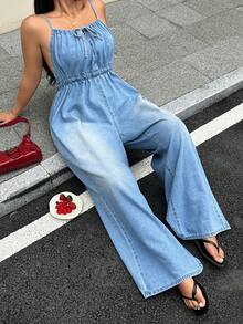 Rivivi Plus Size Women Casual Tie-Up Denim Jumpsuit For Summer - Medium Wash - View 5