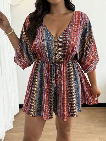 Vionelle Bộ jumpsuit nữ cỡ lớn cổ chữ V cài cúc, tay bồng, dáng rộng, họa tiết hoa thanh lịch, dễ thương, thích hợp cho kỳ nghỉ, phong cách Pháp, mùa xuân/hè.
