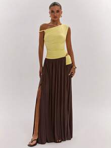 SHEIN BAE Vestido de moda con pliegues de color contrastante, bajo asimétrico y abertura lateral - Multicolor - Ver 2