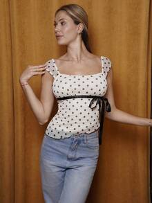 Cassandra Jullia Asymmetric Bow Knot Ruched Hem Polka Dot Print Blouse,Milkmaid Top Casual - Multicolor - View 3