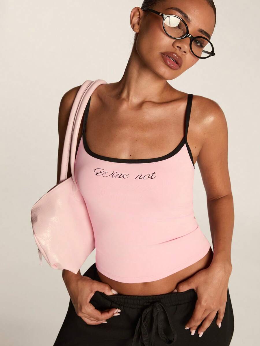 SHEIN BAE Áo tank top thể thao nữ ôm sát, in họa tiết màu hồng - Hồng - Xem 1
