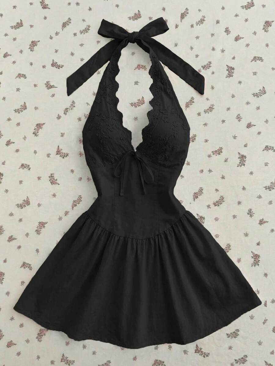 Elamini Women's Solid Color Arched Hem Front Tie Halter Mini Dress - Black - View 1