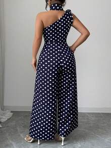GlowEve CURVE Plus Size Women's Elegant Black & White Polka Dot Asymmetrical Shoulder Jumpsuit, Suitable For Commuting, Spring/Summer - Blue - View 2