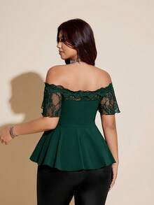 Viva Relle Plus Size Sexig Spets Patchwork Off Shoulder Svart Slim Fit Blus - Mörk Grön - Visa 6