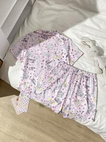 LOONEY TUNES X SHEIN GraphicGems Tween-Mädchen Sommer Schlafanzug-Set, süßer X Kollektion Muster, flammhemmendes Milchseide, weich & bequem Cardigan mit Kragen & Shorts, 2-teiliger Pyjama - Pink - Übersicht 2