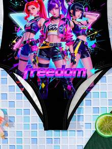 Young Girls K-Pop Superstars Cartoon Girl Group Swimsuit With Printed Pattern, One-Piece Swimwear Suitable For Summer - Multicolor - View 6