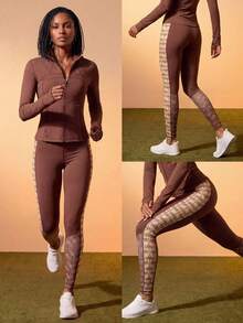 CAJUNI Leggings femininas modernas com estampa minimalista, ideais para corrida. - Castanho - Ver 4