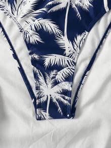 SHEIN Teen Girls Black & Colorblock Palm Tree Pattern Modest Bikini Set, Short Sleeve Top And Bottoms, Suitable For Vacation, Beach, Swimming - Navy Blue - View 6