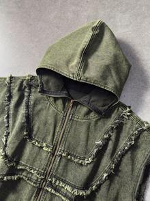 ROMWE MEN Men's Summer Street Loose Frayed Zip-Up Sleeveless Hooded Denim Jacket - Green - View 7