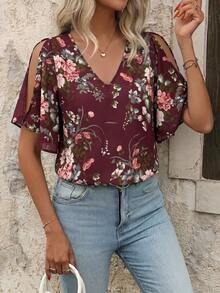 SHEIN Clasi Áo kiểu nữ cổ chữ V in hoa, tay bồng, xẻ tà - Màu Đỏ Sâu - Xem 6