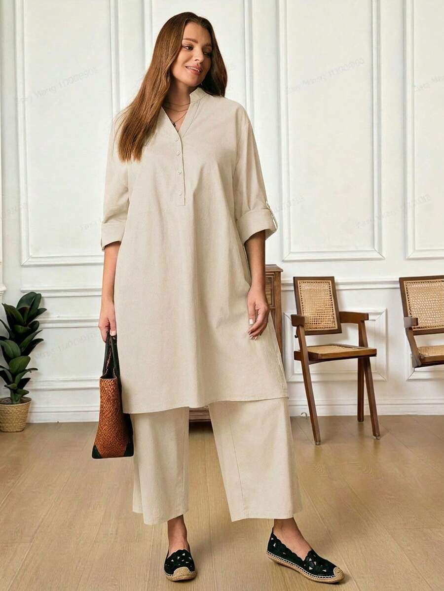 Rosumi 大码女式春秋季休闲通勤简约纯色翻领卷袢袖长款衬衫和阔腿裤两件套 - 杏色 - 查看 1