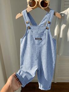 SHEIN Baby Boy Casual Cute Versatile Striped Cartoon Bear Pattern Bib Jumpsuit - Dusty Blue - View 3