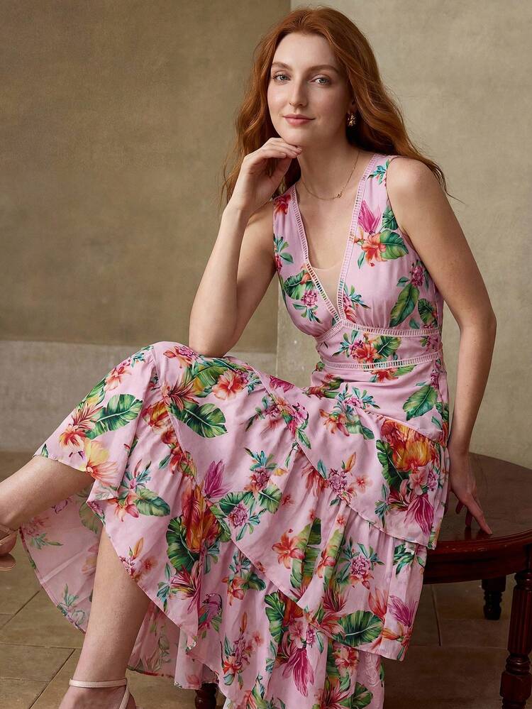 LINEN FLORAL PRINT RUFFLE HEM DRESS