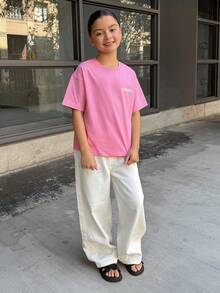 DAZY Oversized Letter Print Round Neck T-Shirt For Tween Girls Summer - Hot Pink - View 4