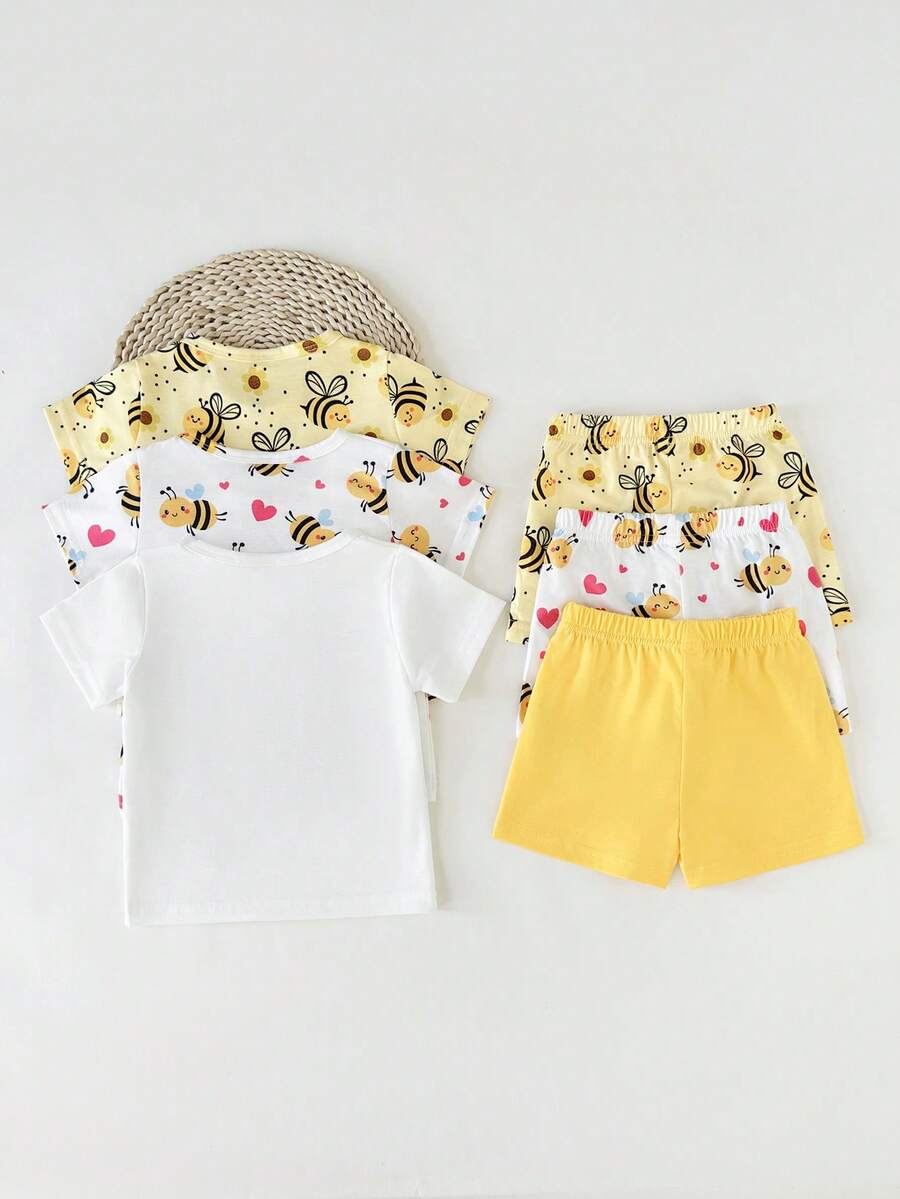SHEIN Playful Pals 6件套女婴可爱蜜蜂、向日葵、爱心图案短袖上衣和松紧腰短裤套装，数码印花，休闲舒适，适合户外玩耍，春夏百搭