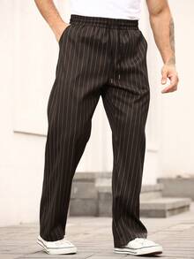 Manfinity Homme Pantalones rectos con cintura con cordón y estampado de rayas, adecuados para el uso diario - Café integral - Ver 3
