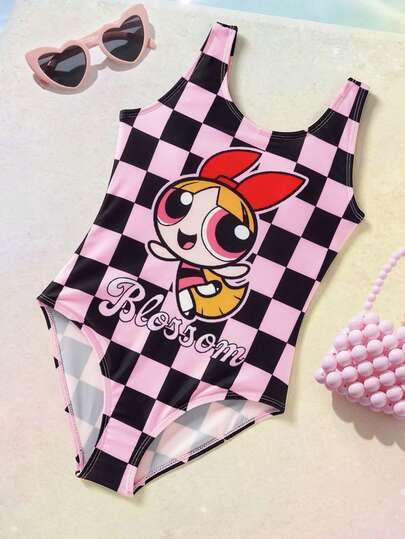 THE POWERPUFF GIRLS X SHEIN 少女格子卡通印花连体泳衣