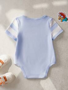 Nick 90s | SHEIN Baby Boy Summer Casual Striped Cartoon Portrait Print Round Neck Short Sleeve Romper - Blue - View 2