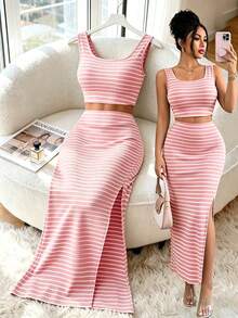 Flirla Women's Solid Color Scoop Neck Striped Print Tank Top And High Slit Skirt 2-Piece Set - Pink - View 1